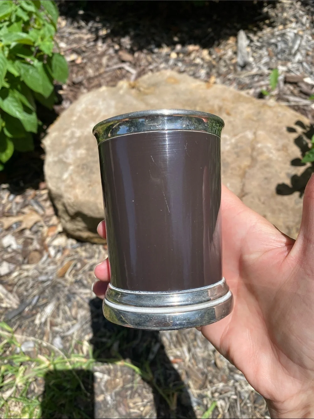 Silver-Trimmed Dark Brown Cylindrical Tumbler
